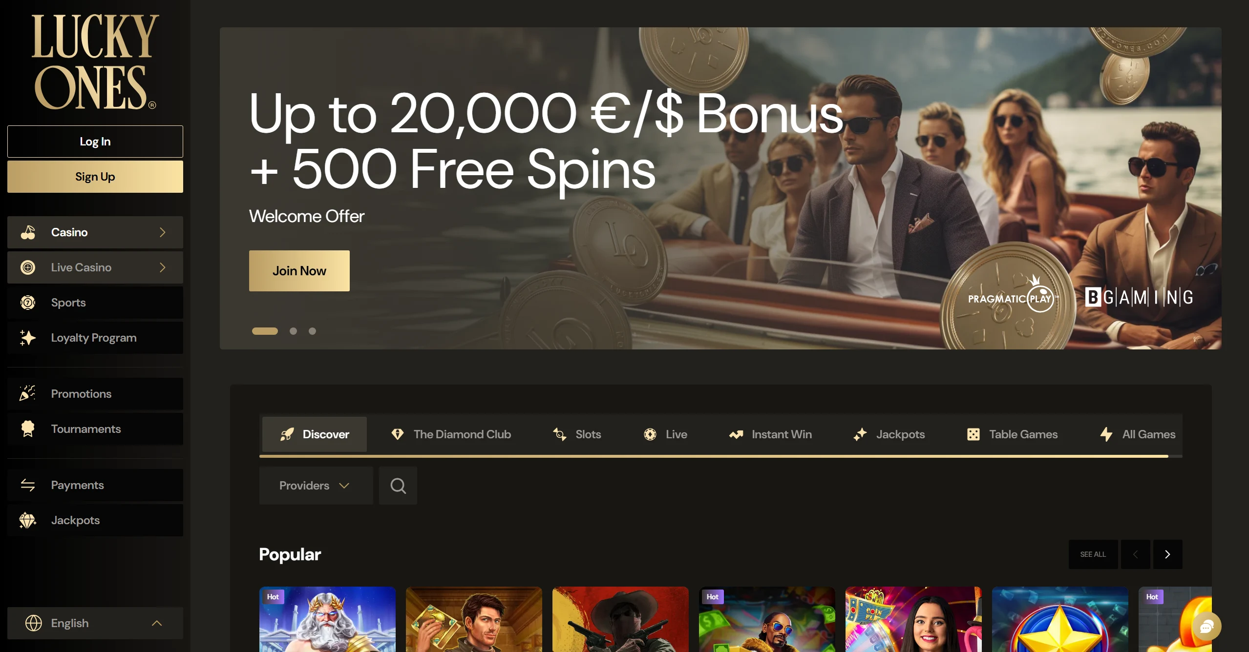 LuckyOnes frontpage with welcome bonus up to $20,000 and popular online pokies